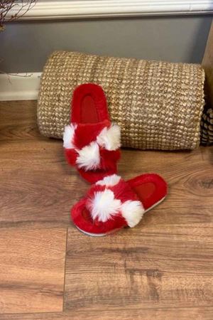 Werner  Kırmızı - Beyaz  Tüylü Çapraz  Çift Renkli Ev Terliği  