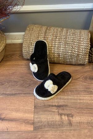 Zoe   Siyah  Taşlı Fiyonklu Önü Kapalı Ev Terliği 