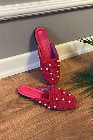 Dominic  Fuşya İnci Taşlık  Hasır İşlemeli Terlik  