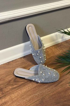 Dominic  Gri İnci Taşlık  Hasır İşlemeli Terlik  