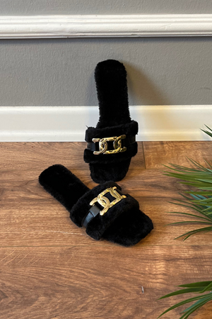 Evra  Siyah Gold Tokalı İçi Tüylü Önü Açık Ev Terliği 