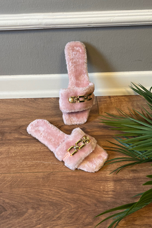 Arturo  Pudra Gold İnce Zincir  Tokalı İçi Tüylü Önü Açık Ev Terliği  