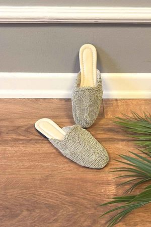 Rademel   Bej Hasır Örgülü Renkli Tabanlı Detaylı Terlik   