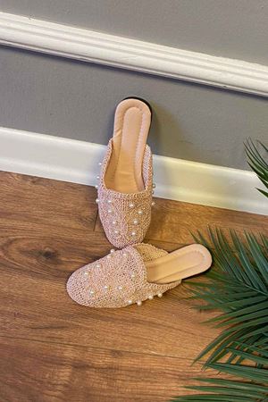 Dominic  Pudra İnci Taşlık  Hasır İşlemeli Terlik  