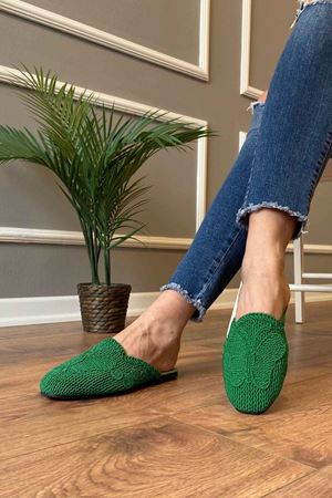 Rademel   Yeşil Hasır Örgülü Renkli Tabanlı Detaylı Terlik  