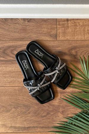 Romero  Siyah Çapraz Taş İşleme Düğüm Kemerli Şeffaf Bantlı  Terlik