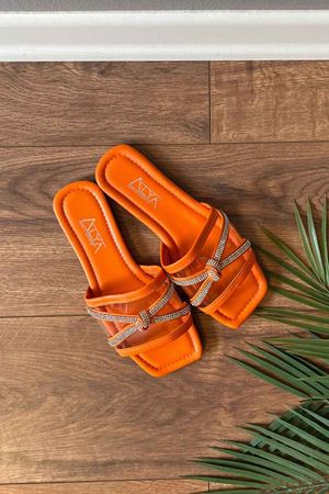 Romero  Turuncu  Çapraz Taş İşleme Düğüm Kemerli Şeffaf Bantlı  Terlik  