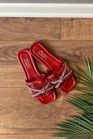 Romero  Kırmızı  Çapraz Taş İşleme Düğüm Kemerli Şeffaf Bantlı  Terlik   