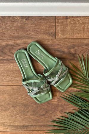 Romero Mint Yeşil Çapraz Taş İşleme Düğüm Kemerli Şeffaf Bantlı  Terlik   
