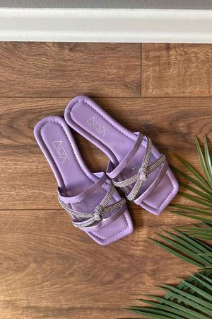 Romero Lila Çapraz Taş İşleme Düğüm Kemerli Şeffaf Bantlı  Terlik