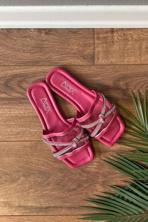 Romero Fuşya Çapraz Taş İşleme Düğüm Kemerli Şeffaf Bantlı  Terlik 