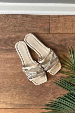 Romero Bej Çapraz Taş İşleme Düğüm Kemerli Şeffaf Bantlı  Terlik