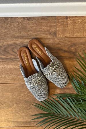 Forlan  Gri Hasır İşlemeli Taş  Detaylı Terlik  