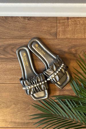 Napoli  Platin İnci Taş Kemerli Büzgü Kemerli Terlik  