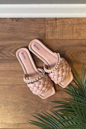 Belina Pudra  Örgülü İnci Detaylı Suni Deri Terlik    