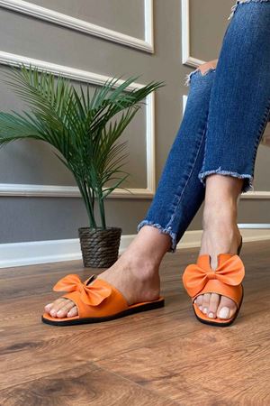 Jadon Turuncu Renge Renk Kurdelalı  Tek Bantlı Terlik