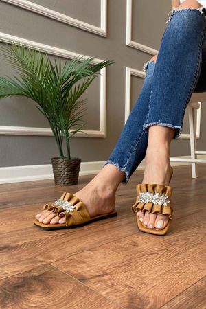 Thun  Camel Taş İşlemeli  Büzgü Kemerli Terlik