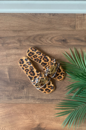 Zetan Leopar Desenli Şeffaf Bantlı Zincir Tokalı Terlik 