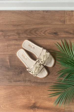 Zetan Bej Şeffaf Bantlı Zincir Tokalı Terlik   