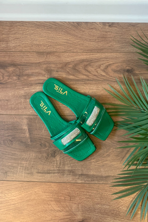 Toronto Yeşil Şeffaf Bantlı Dikdörtgen Taş Tokalı  Terlik   