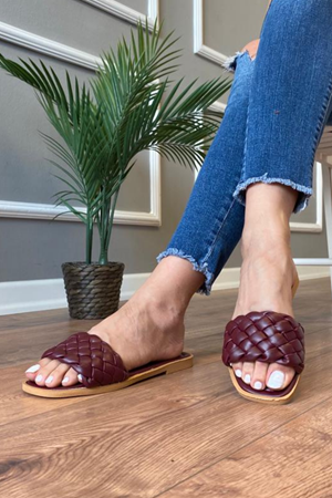  Duxal  Bordo Kalın Örgülü  Tek Bantlı  Terlik  