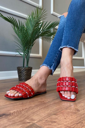 Leon  Kırmızı Taş İşleme Detaylı İpli  Terlik 