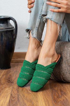 Ribon  Yeşil  Hasır Şerit İşlemeli Önü Kapalı Terlik