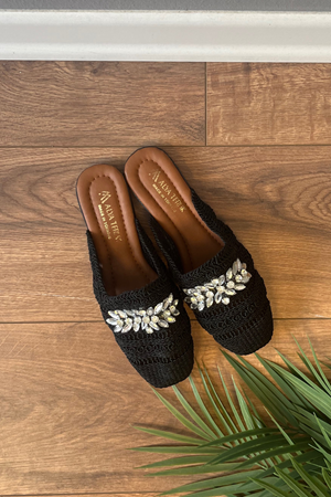 Forbon Siyah Hasır İşlemeli Taş Detaylı Terlik