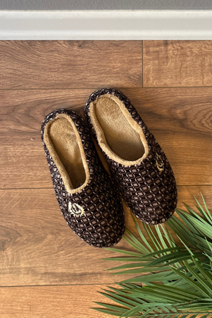 Chester Erkek Taba Kare Desenli  Logo Baskılı Önü Kapalı Ev Terliğİ 