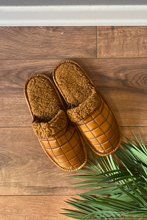 Lebal  Erkek Taba Kare Desenli Önü Kapalı Ev Terliği  