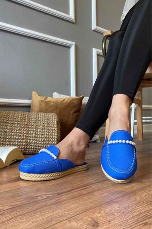 Wolf  Saks Mavisi  İnci Tokalı Yüksek Tabanlı  Ev Terliği 