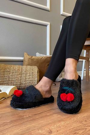 Cherry Siyah Kiraz Ponponlu Ev Terliği 