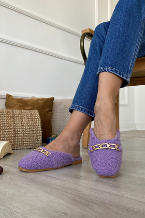 Astor Lila Teddi Kumaş  Zincir Toka Detaylı Terlik  