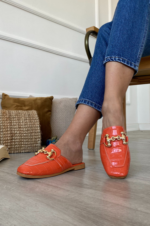 Lucifer Turuncu Kroko Zincir Toka Detaylı  Ev Terliği  