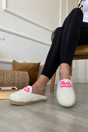 Victor Beyaz Yüksek Tabanlı Barbie Baskılı  Önü Kapalı Ev Terliği 