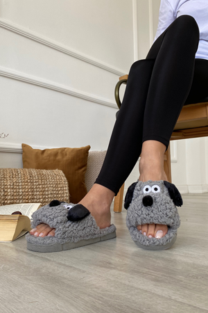 Philip  Gri Köpek Figürli  Teddi Kumaş  Ev Terliği 