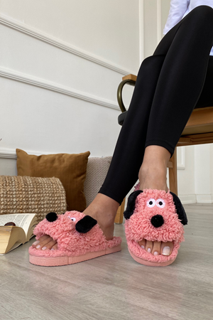 Philip  Pembe Köpek Figürli  Teddi Kumaş  Ev Terliği  