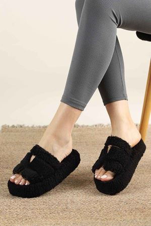 Köln Siyah Yüksek Tabanlı  H Kesim Kemerli Ev Terliği   