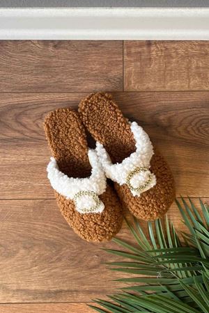 Lowres Taba Yuvarlak Gold Tokalı Tüylü  Önü Kapalı Ev  Terliği 