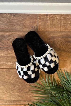 Sofya Siyah  Çift Renkli İnci Kemer Detaylı  Ev  Terliği 