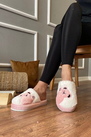 Papi Pudra Panda  Baskılı İçi Tüylü  Önü Kapalı Ev Terliği    