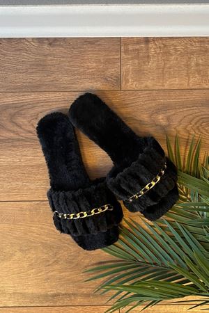 Fernando  Siyah Zincir Kemer Detaylı  Tüylü  Ev Terliği 