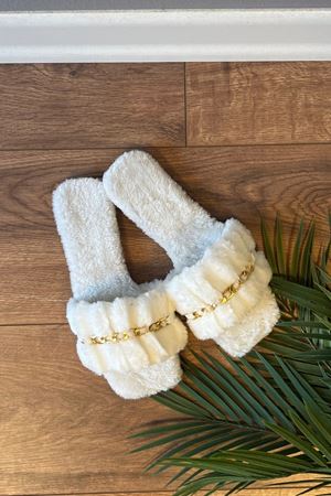 Fernando  Beyaz Zincir Kemer Detaylı  Tüylü  Ev Terliği 