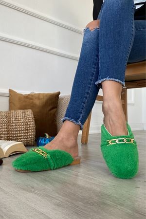 Belletti  Yeşil Gold Zincir Tokalı   Tüylü Önü Kapalı  Ev  Terliği   