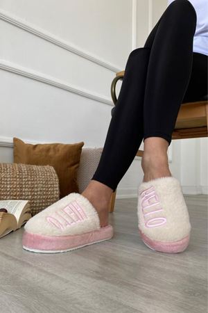 White Pudra Hello Baskılı İşlemeli Önü Kapalı  Ev Terlik 