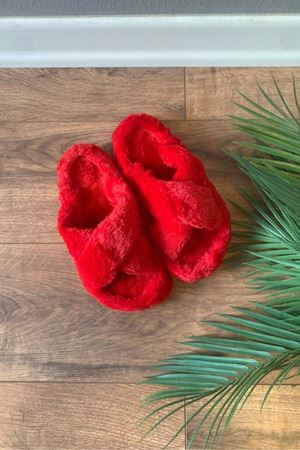 Sidney  Kırmızı  Çapraz Ayrık Bantlı Tüylü Ev Terliği 