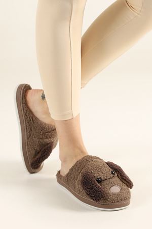 Ramos Kahverengi Köpekli Peluş  Önü Kapalı Ev Terliği 