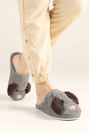 Ramos Gri Köpekli Peluş  Önü Kapalı Ev Terliği   