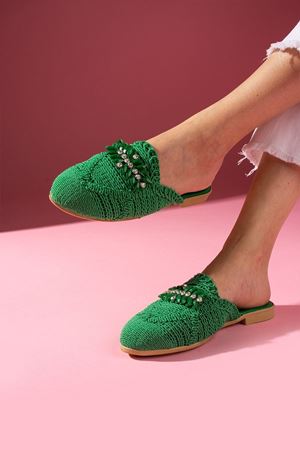 Yamal  Yeşil  Renkli Taşlı Hasır İşlemeli Terlik 