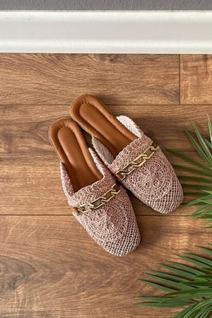 Tamara  Pudra Gold Zincir Kemerli Hasır İşlemeli  Terlik 